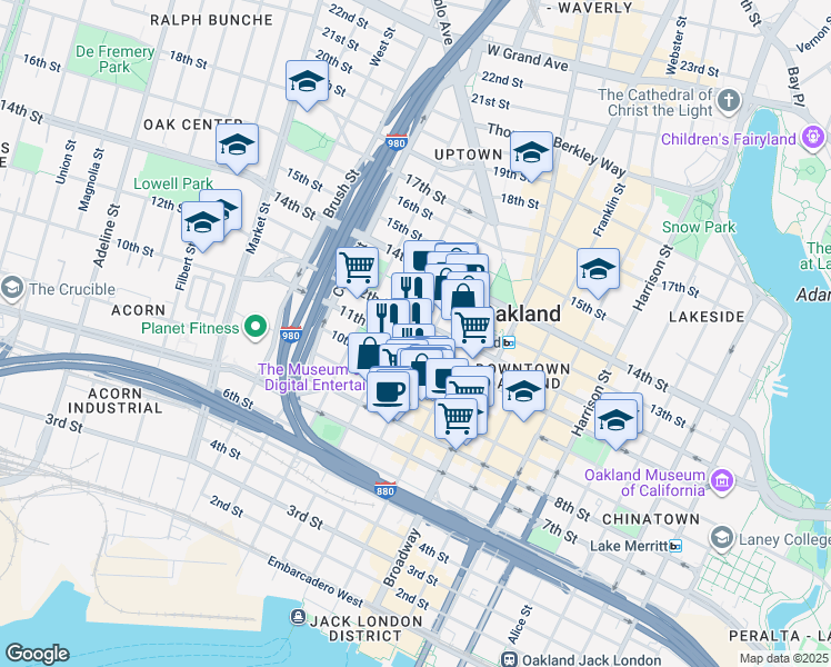 map of restaurants, bars, coffee shops, grocery stores, and more near 555 12th Street in Oakland