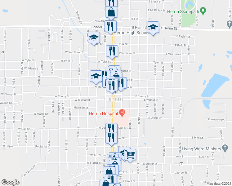 map of restaurants, bars, coffee shops, grocery stores, and more near 102 West Cherry Street in Herrin