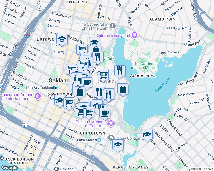 map of restaurants, bars, coffee shops, grocery stores, and more near 1540 Jackson Street in Oakland