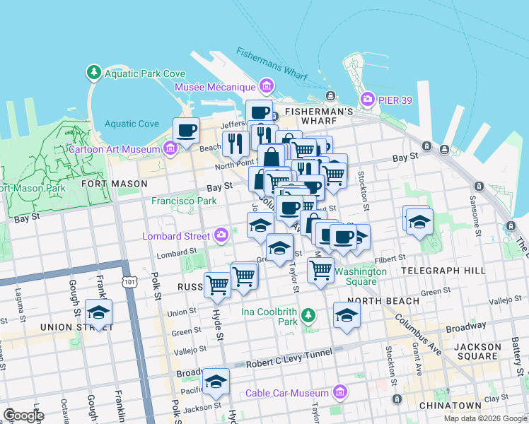 map of restaurants, bars, coffee shops, grocery stores, and more near 33 Houston Street in San Francisco