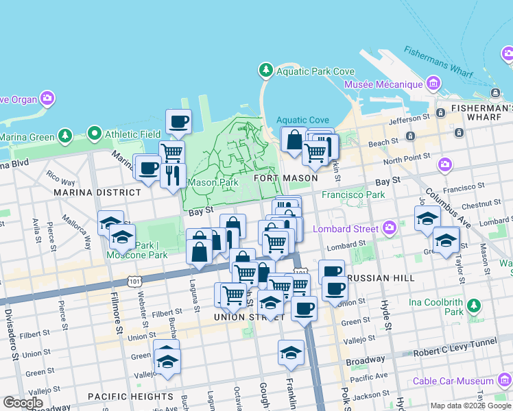 map of restaurants, bars, coffee shops, grocery stores, and more near 1215 Bay Street in San Francisco