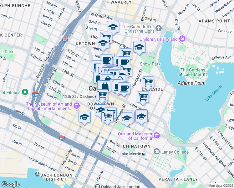 map of restaurants, bars, coffee shops, grocery stores, and more near in Oakland