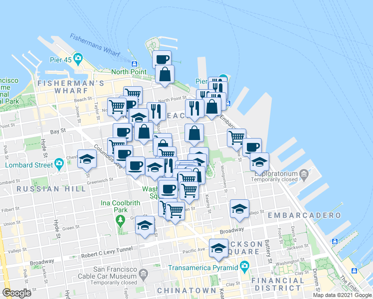 map of restaurants, bars, coffee shops, grocery stores, and more near 22 Julius Street in San Francisco
