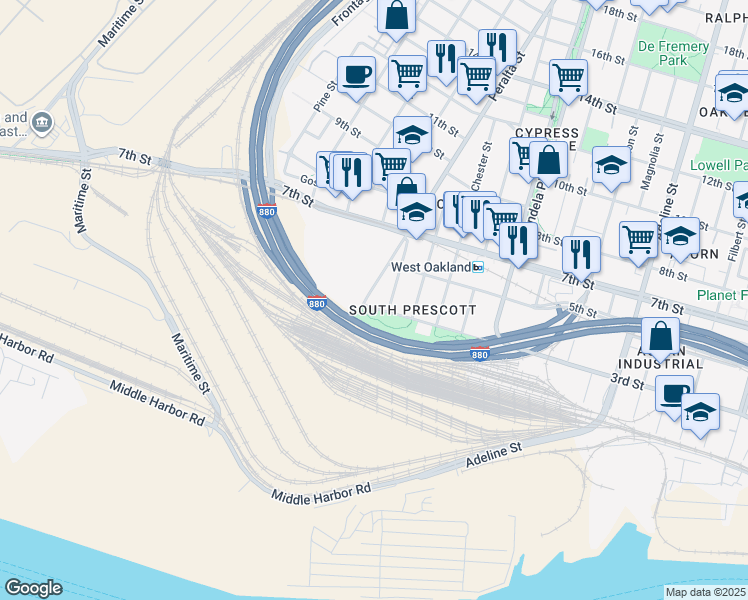 map of restaurants, bars, coffee shops, grocery stores, and more near 103 3rd Street in Alameda