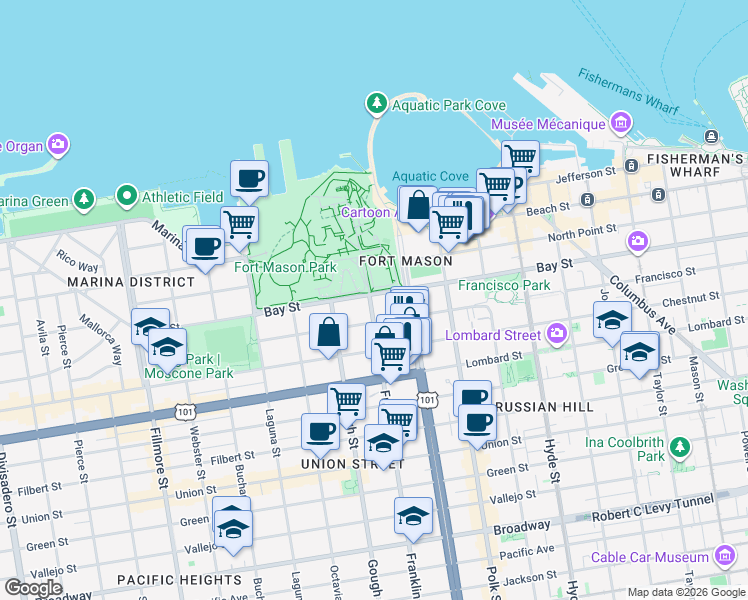 map of restaurants, bars, coffee shops, grocery stores, and more near 42 Fort Mason in San Francisco