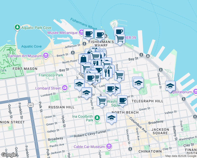 map of restaurants, bars, coffee shops, grocery stores, and more near Chestnut St & Mason St in San Francisco