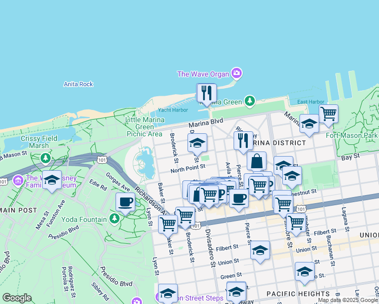 map of restaurants, bars, coffee shops, grocery stores, and more near in San Francisco