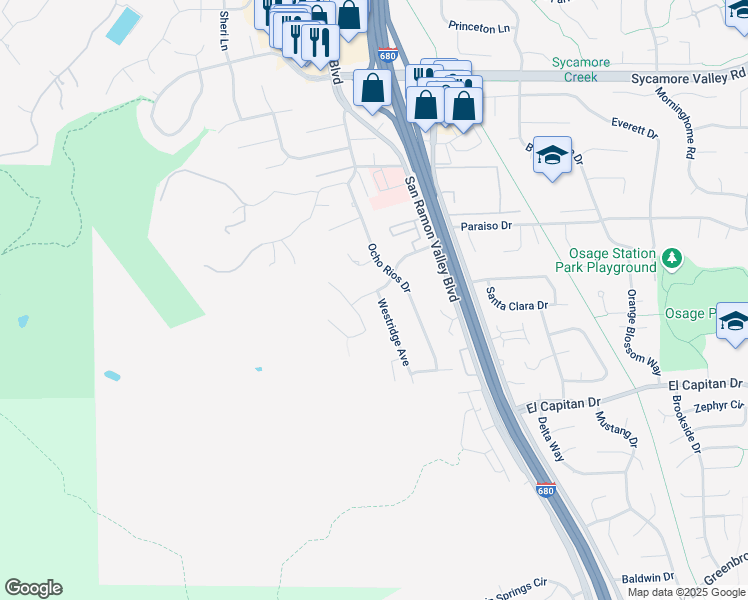 map of restaurants, bars, coffee shops, grocery stores, and more near 1015 Westridge Avenue in Danville
