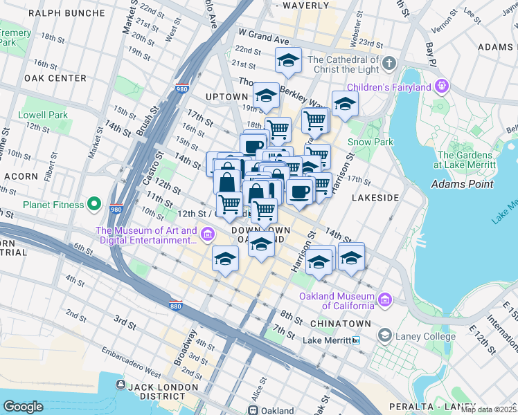 map of restaurants, bars, coffee shops, grocery stores, and more near in Oakland