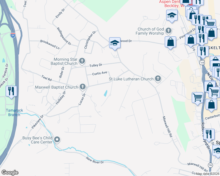 map of restaurants, bars, coffee shops, grocery stores, and more near 100 N Ridge Rd in Beckley