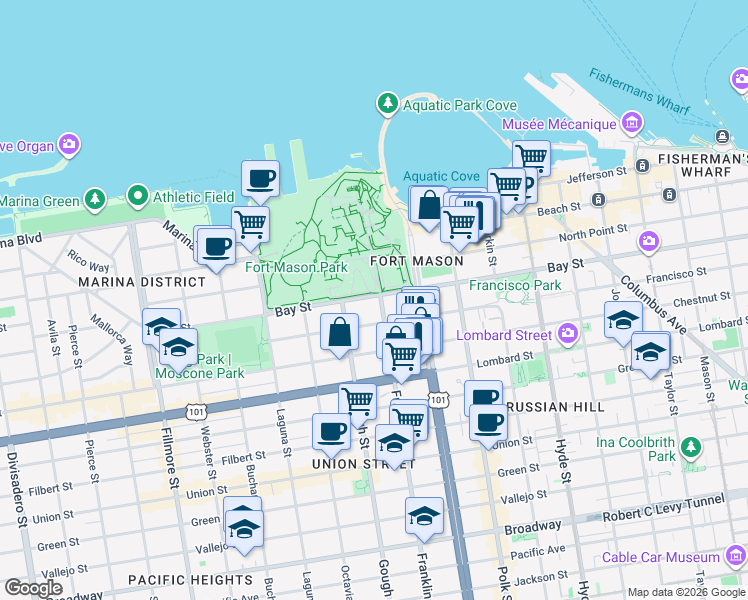map of restaurants, bars, coffee shops, grocery stores, and more near 1215 Bay Street in San Francisco