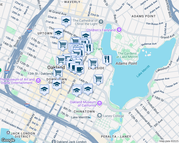 map of restaurants, bars, coffee shops, grocery stores, and more near 1546 Alice Street in Oakland