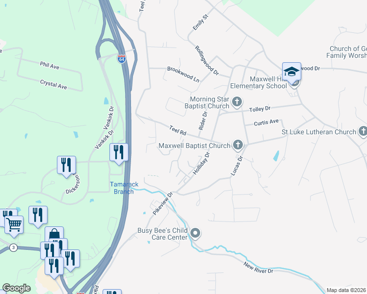 map of restaurants, bars, coffee shops, grocery stores, and more near 328 Jasper Drive in Beckley