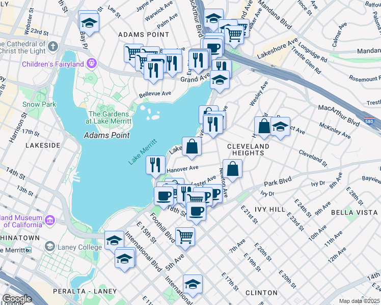 map of restaurants, bars, coffee shops, grocery stores, and more near 451 Wayne Avenue in Oakland