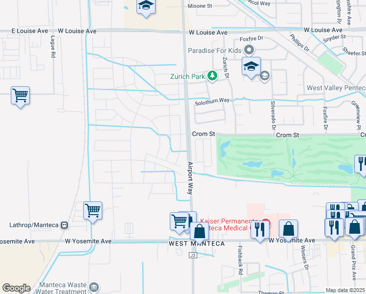 map of restaurants, bars, coffee shops, grocery stores, and more near 2083 Crom Street in Manteca