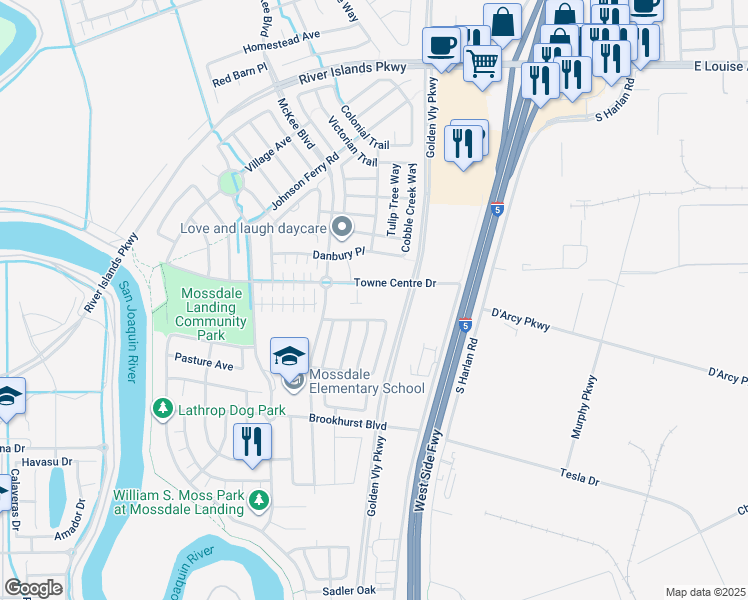 map of restaurants, bars, coffee shops, grocery stores, and more near 231 Towne Centre Drive in Lathrop