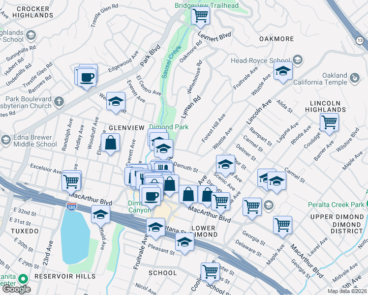 map of restaurants, bars, coffee shops, grocery stores, and more near 3836 Lyman Road in Oakland