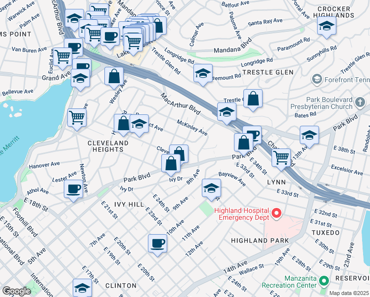 map of restaurants, bars, coffee shops, grocery stores, and more near 900 Prospect Avenue in Oakland