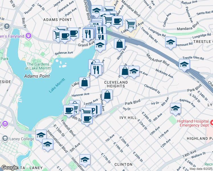 map of restaurants, bars, coffee shops, grocery stores, and more near 609 Brooklyn Avenue in Oakland