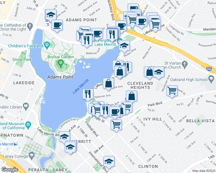 map of restaurants, bars, coffee shops, grocery stores, and more near 2099 Lakeshore Avenue in Oakland