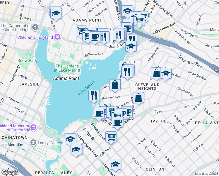 map of restaurants, bars, coffee shops, grocery stores, and more near 2099 Lakeshore Avenue in Oakland