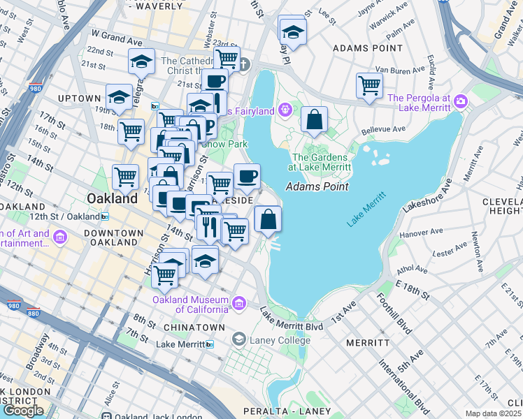map of restaurants, bars, coffee shops, grocery stores, and more near in Oakland