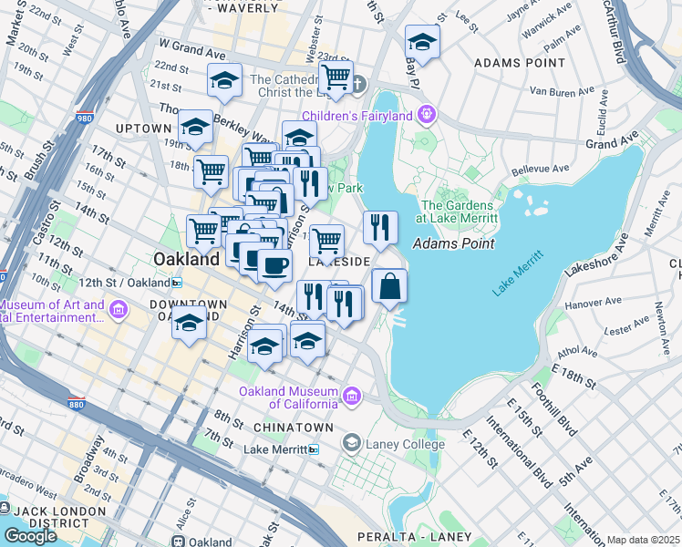 map of restaurants, bars, coffee shops, grocery stores, and more near in Oakland