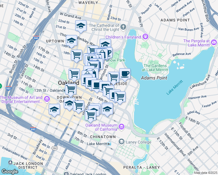 map of restaurants, bars, coffee shops, grocery stores, and more near 1546 Alice Street in Oakland