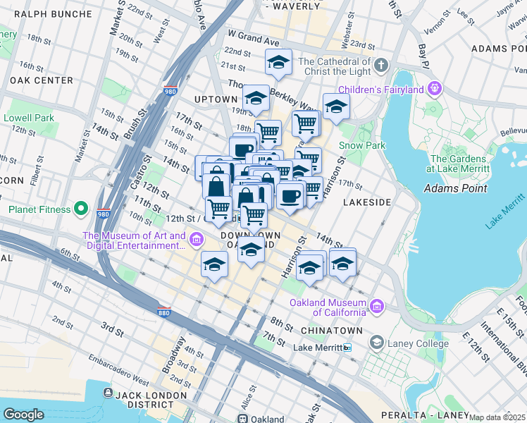 map of restaurants, bars, coffee shops, grocery stores, and more near 1367 Franklin Street in Oakland
