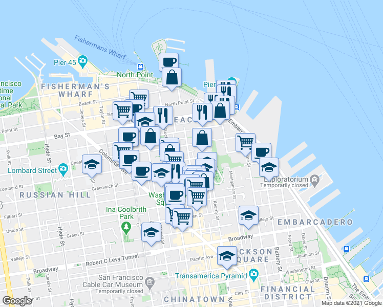 map of restaurants, bars, coffee shops, grocery stores, and more near 251 Chestnut Street in San Francisco