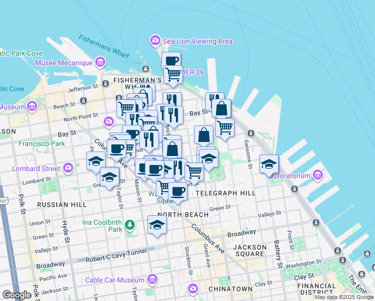 map of restaurants, bars, coffee shops, grocery stores, and more near 340 Chestnut Street in San Francisco