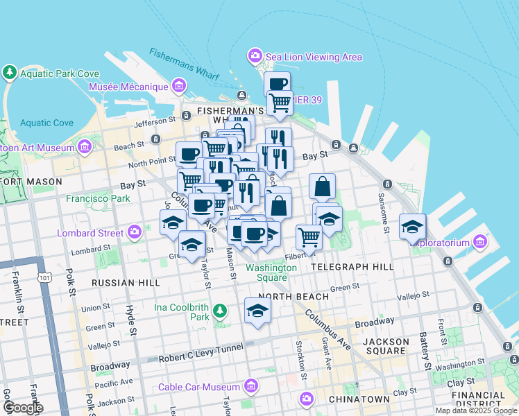 map of restaurants, bars, coffee shops, grocery stores, and more near 420-430 Chestnut Street in San Francisco
