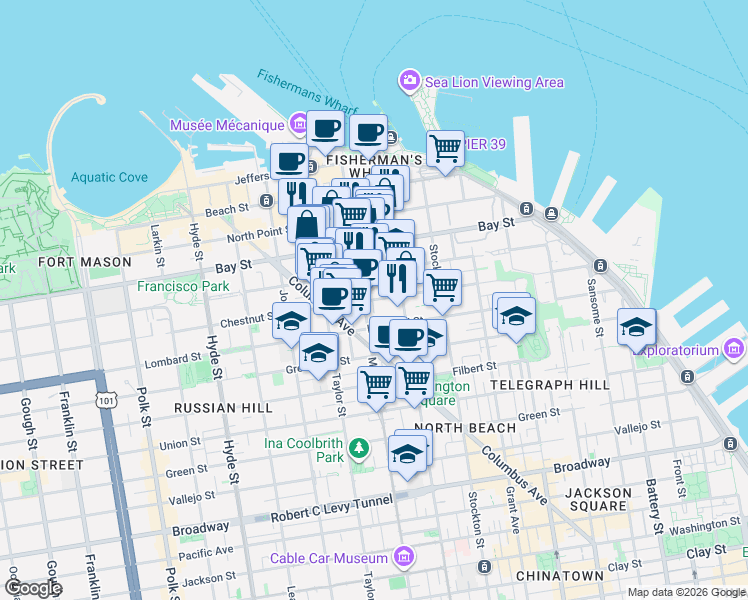 map of restaurants, bars, coffee shops, grocery stores, and more near in San Francisco