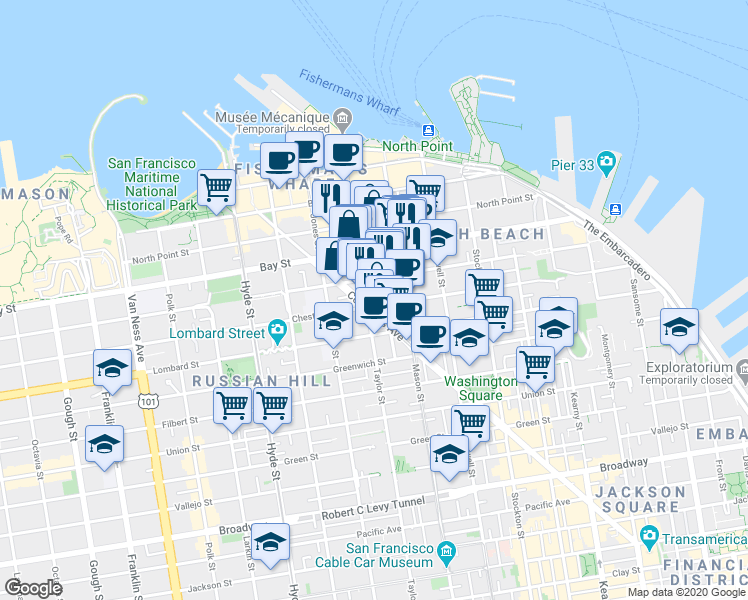 map of restaurants, bars, coffee shops, grocery stores, and more near in San Francisco