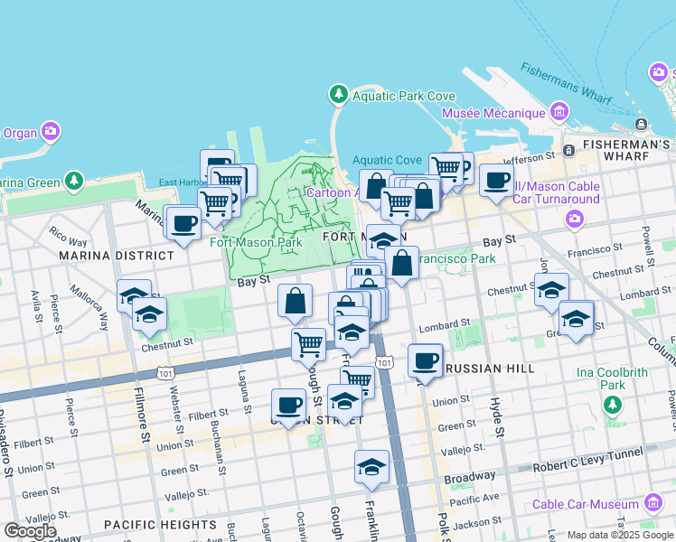 map of restaurants, bars, coffee shops, grocery stores, and more near 42 Fort Mason in San Francisco