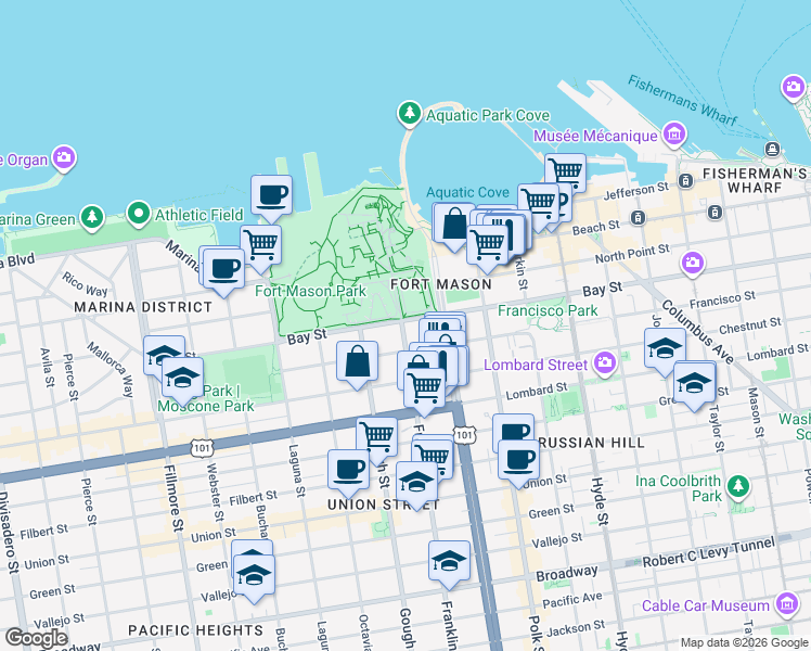 map of restaurants, bars, coffee shops, grocery stores, and more near 42 Fort Mason in San Francisco