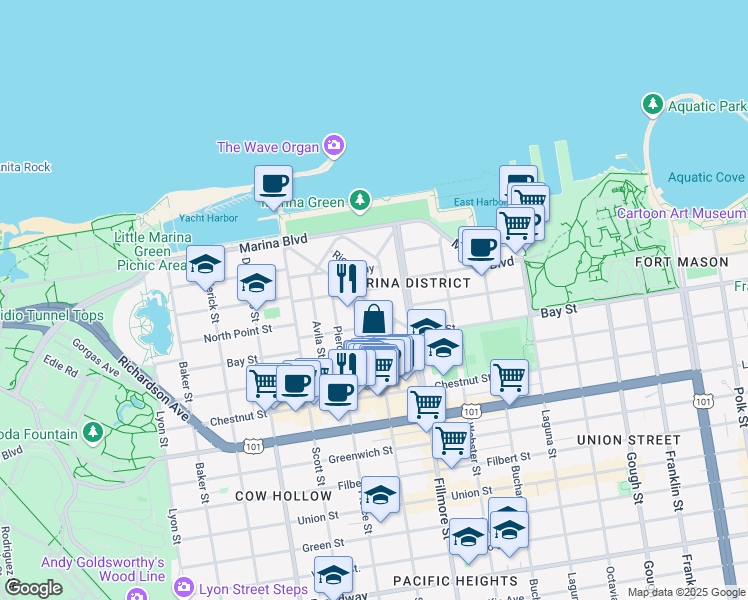 map of restaurants, bars, coffee shops, grocery stores, and more near 1780 Beach Street in San Francisco