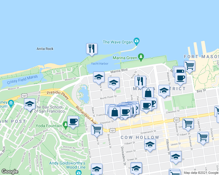 map of restaurants, bars, coffee shops, grocery stores, and more near 1895 Jefferson Street in San Francisco