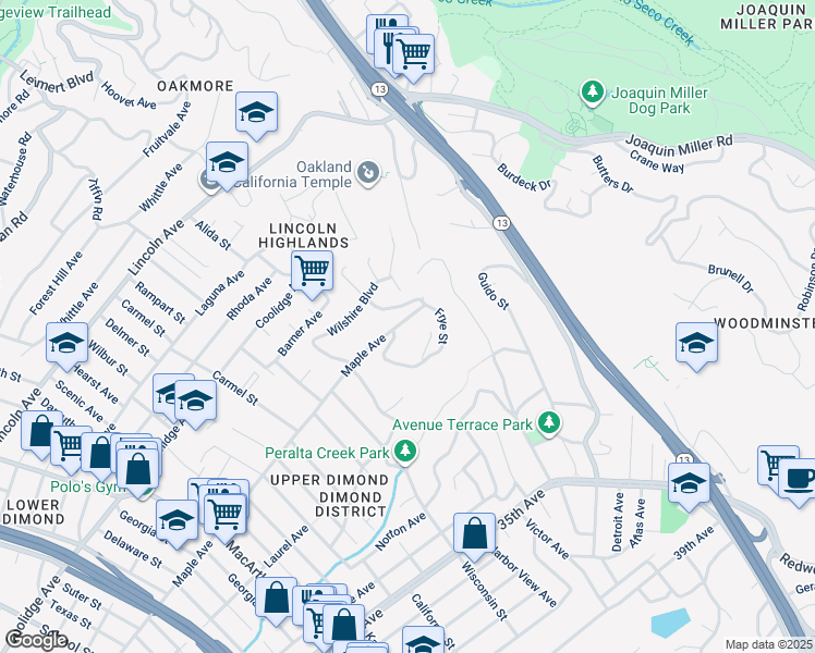 map of restaurants, bars, coffee shops, grocery stores, and more near 4258 Maple Avenue in Oakland