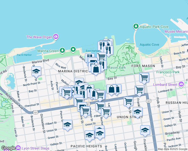 map of restaurants, bars, coffee shops, grocery stores, and more near 15 Marina Boulevard in San Francisco
