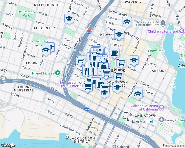 map of restaurants, bars, coffee shops, grocery stores, and more near 1100 Jefferson Street in Oakland