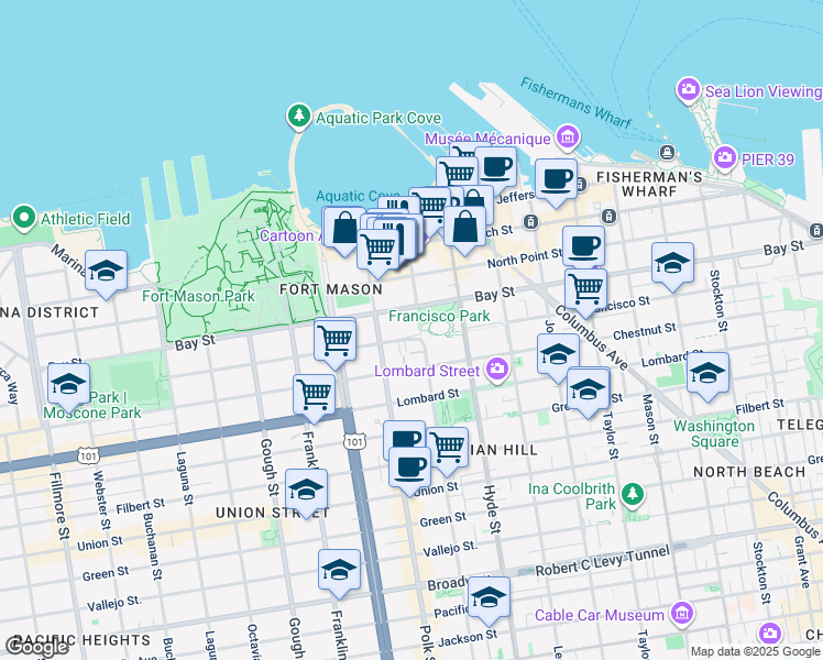 map of restaurants, bars, coffee shops, grocery stores, and more near 1020 Francisco Street in San Francisco