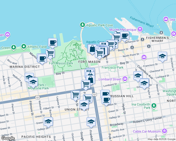 map of restaurants, bars, coffee shops, grocery stores, and more near 1111 Bay Street in San Francisco