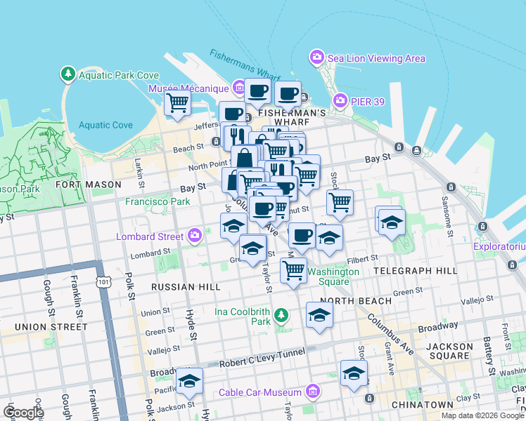map of restaurants, bars, coffee shops, grocery stores, and more near 2410 Taylor Street in San Francisco