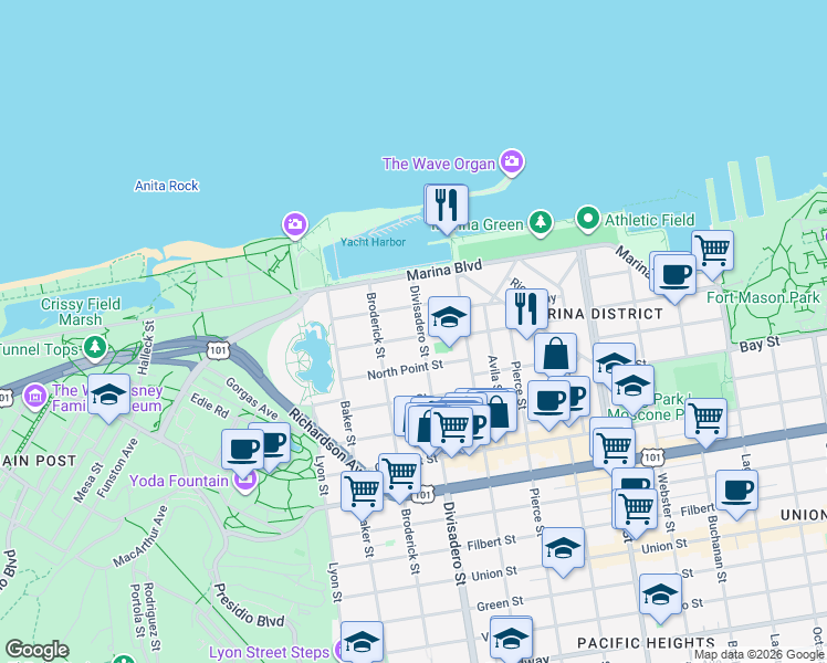 map of restaurants, bars, coffee shops, grocery stores, and more near in San Francisco
