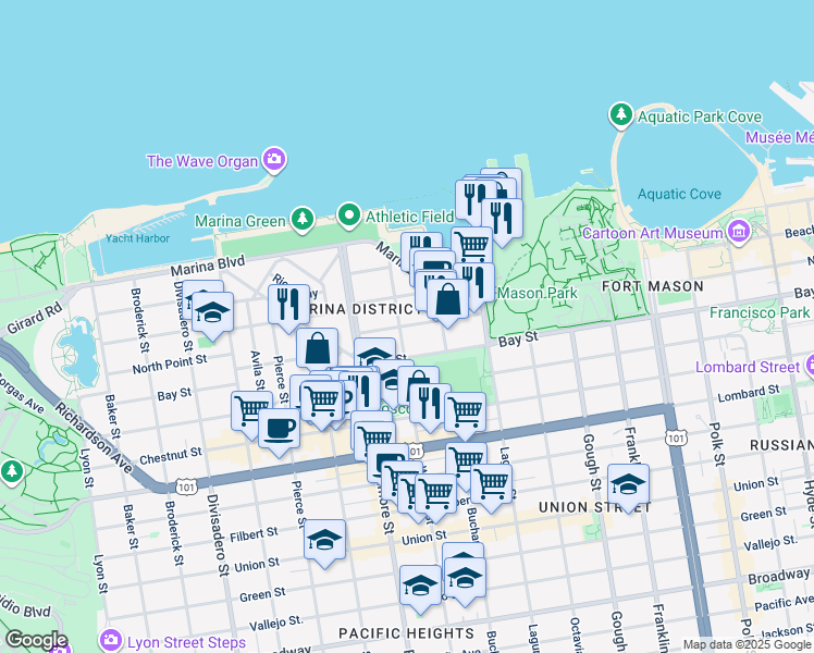 map of restaurants, bars, coffee shops, grocery stores, and more near 1539 Beach Street in San Francisco