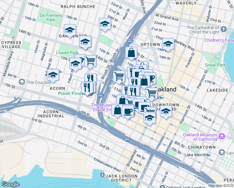 map of restaurants, bars, coffee shops, grocery stores, and more near 675 11th Street in Oakland