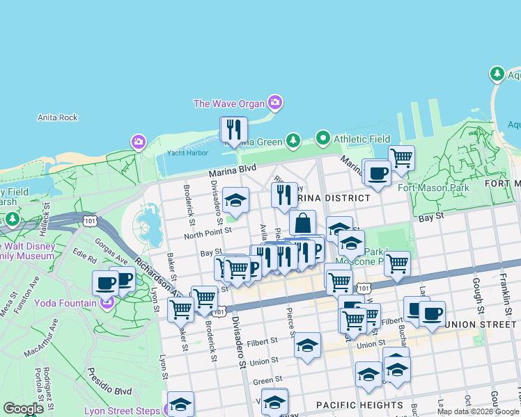 map of restaurants, bars, coffee shops, grocery stores, and more near Avila St & Beach St in San Francisco