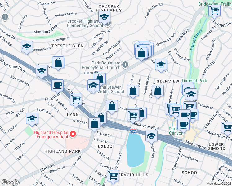 map of restaurants, bars, coffee shops, grocery stores, and more near 3838 Brighton Avenue in Oakland