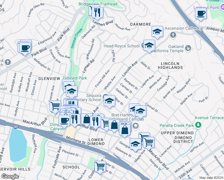 map of restaurants, bars, coffee shops, grocery stores, and more near 4009 Lincoln Avenue in Oakland